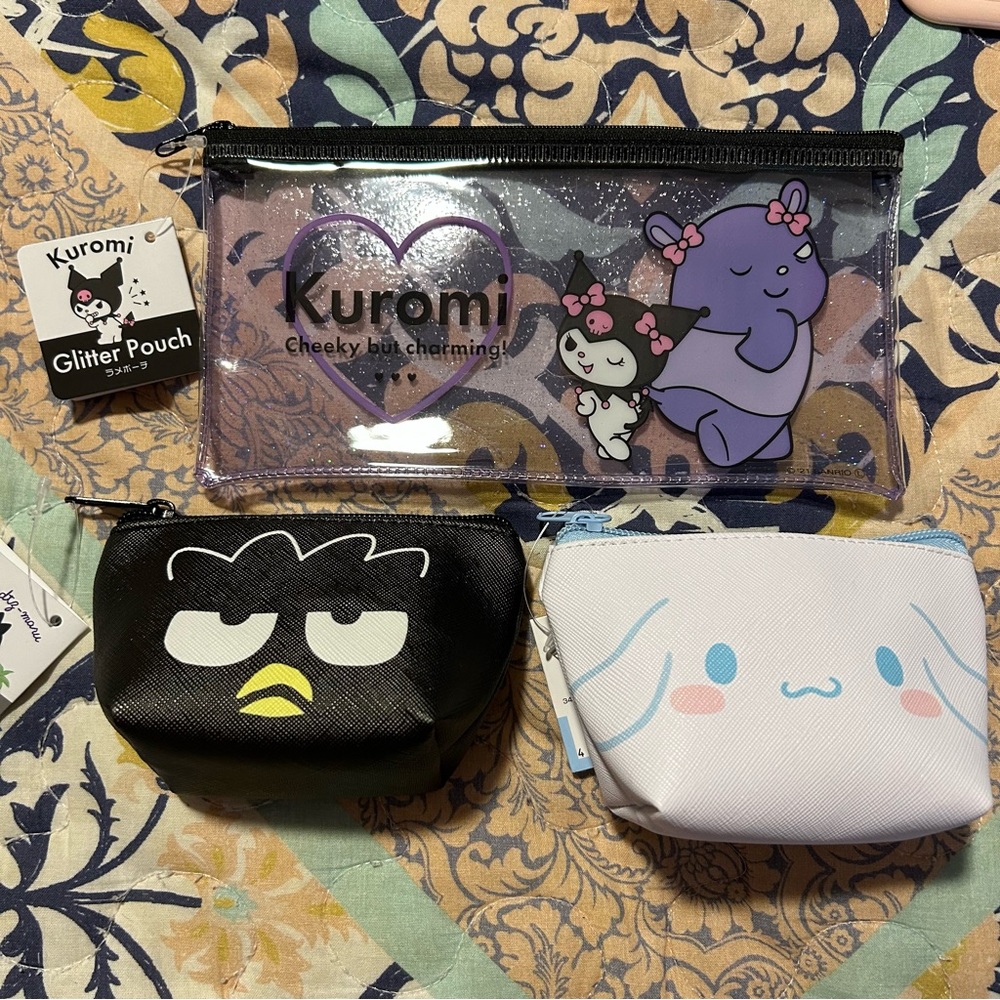 Kuromi Badtz-Maru Cinnamoroll Glitter Pouch‎ Coin Purse Bundle NEW